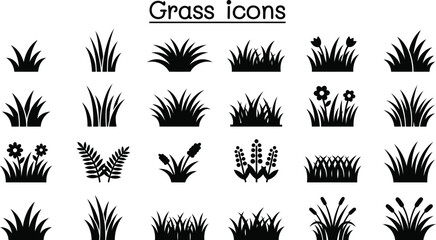 Grass Icons Collection Black Silhouette On White Background © SunjidaRahman