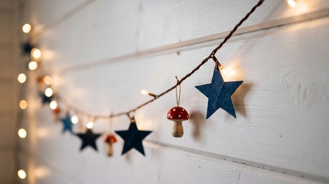 Decorative string lights with blue stars and mushroom ornaments