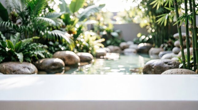 Tropical Garden with Water Feature and White Tabletop for Product Display
