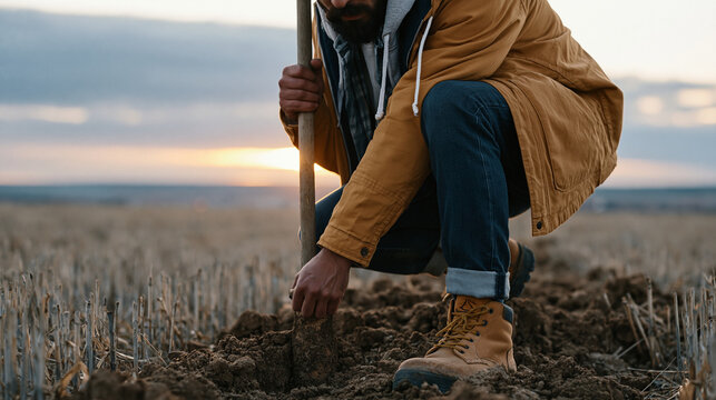 Soil scientist bores core sample beside stubble field before autumn cultivation, layered profile examination at fieldside, agronomy career, precision agriculture soil health