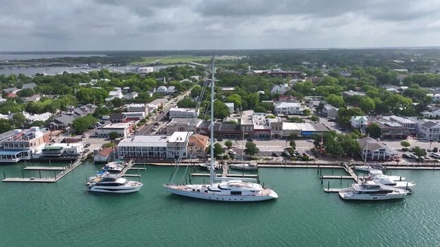 Huge sailboat in the docks in Beaufort NC, drone shot.