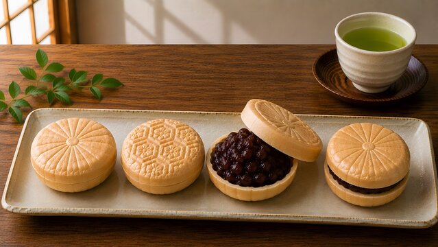 traditional japanese monaka wafer sandwiches filled with sweet red bean paste served with hot green tea