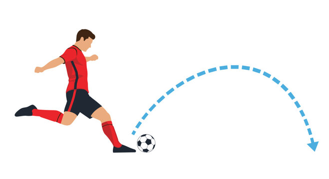 Male soccer player in a red jersey kicking a leather ball with a dashed trajectory arrow indicating the path on a clean studio surface.