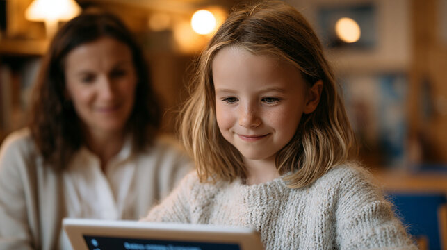 Student with dyslexia using a learning disability accommodation tool on a tablet, high-contrast text and audio playback controls visible on screen, supportive classroom aide