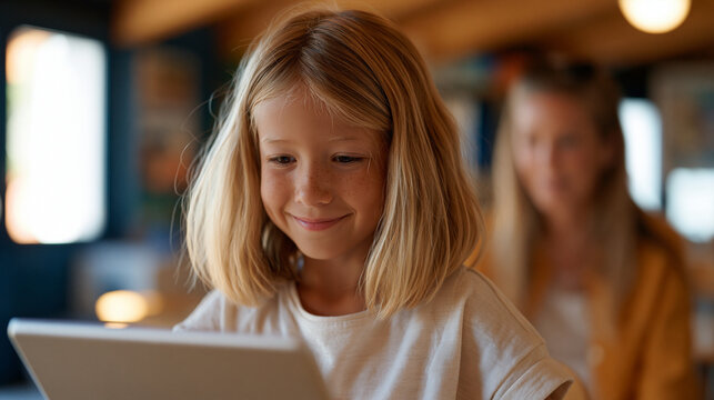 Student with dyslexia using a learning disability accommodation tool on a tablet, high-contrast text and audio playback controls visible on screen, supportive classroom aide