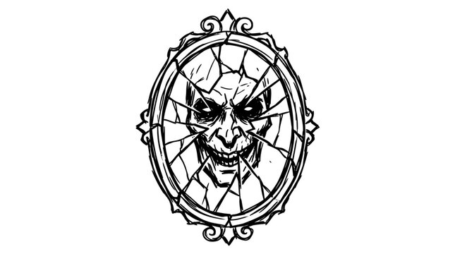 A broken stained glass window with a skull.