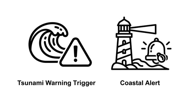 Tsunami warning trigger and coastal alert safety symbols with lighthouse emergency disaster notification security protection maritime preparation evacuation monitoring environment