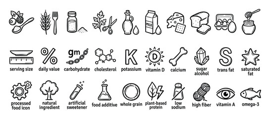 Fototapeta premium Nutritional information line art. Healthy food diet values. Outline set graphic. Vector drawing.