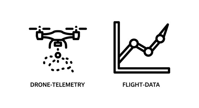 Drone telemetry and flight data analytics icons with telemetry analysis aviation technology monitoring navigation statistics performance tracking robotics information measurement