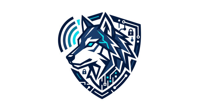 Wolf head logo with shield and signal.