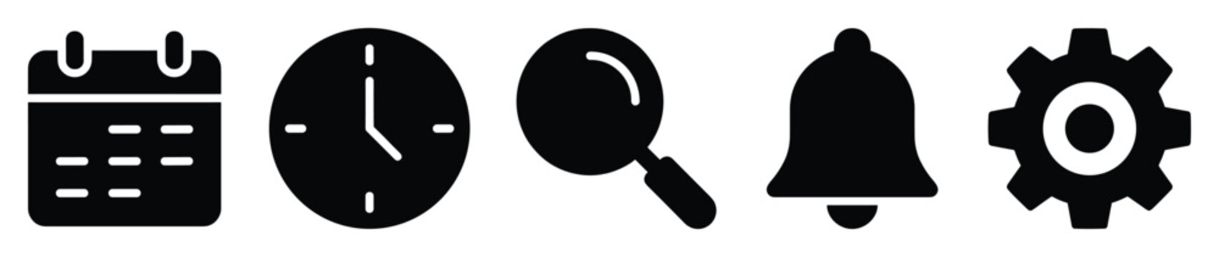 Productivity utility glyphs. Time alert options. Flat style icon set.