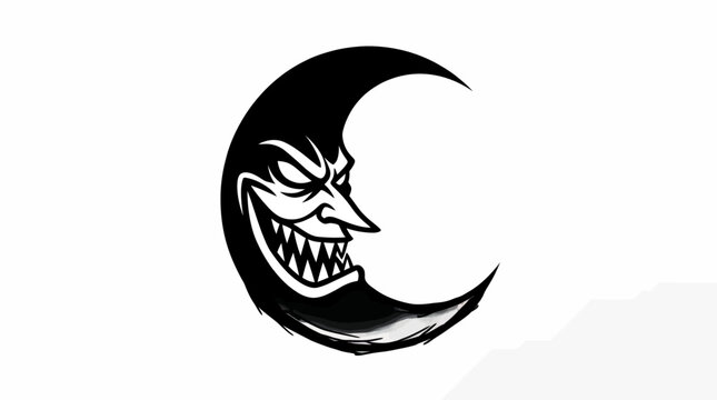 a black and white illustration of a smiling crescent moon with a face.