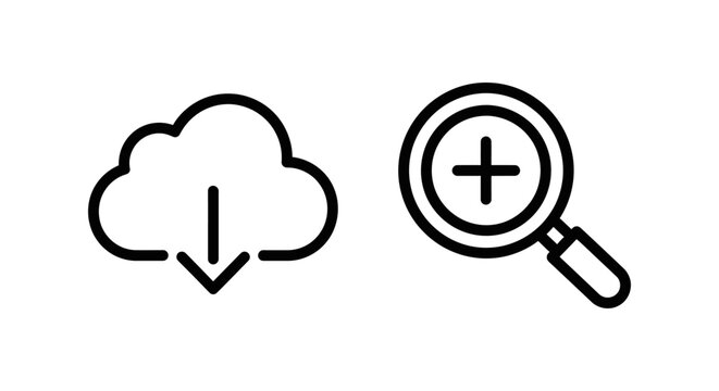 Cloud download and zoom plus symbols set for digital interface navigation with download interface navigation technology internet magnifying software connection information increase