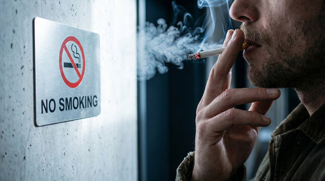 Man smoking a cigarette next to a metal sign that forbids smoking in this area