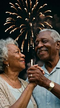 Senior couple dances and smiles under fireworks at a Juneteenth celebration, love and joy, community unity, summer holiday night. Juneteenth.