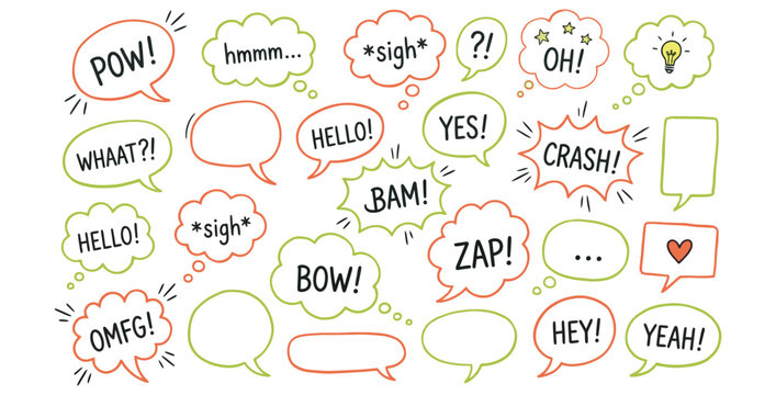 Collection of colorful hand-drawn speech bubbles with various exclamations and symbols on transparent background