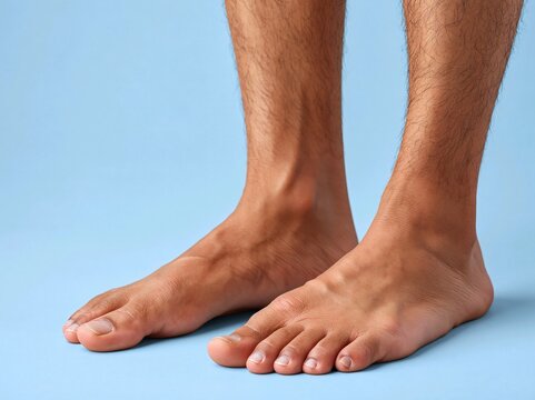 Bare male feet standing on light blue background. Closeup of healthy man feet and ankles, podiatry and foot care medical concept studio photo.