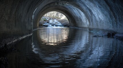 Naklejka premium culvert. Stream flowing through a concrete culvert creates a perfect mirror reflection on water. ESG reports, sustainability campaigns, designed for environmental awareness campaigns.