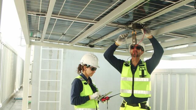 Engineers with safety vest and helmet work with electrical instrument on photovoltaic solar panels together. Male technician uses multimeters to check solar power, woman worker enter data into tablet