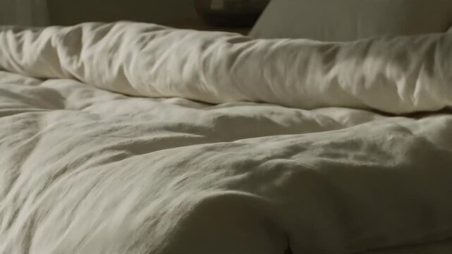 Soft cream-colored rumpled bedsheets and duvet with gentle natural light highlighting folds and textures, close-up, cozy intimate mood