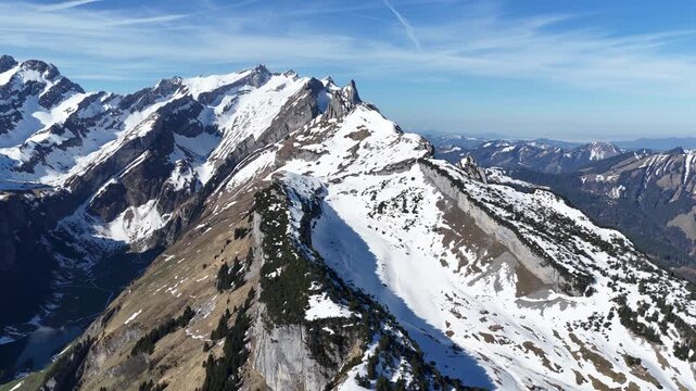 Swiss Alps drone above winter Appenzell region Alpstein massif of northeastern Switzerland
