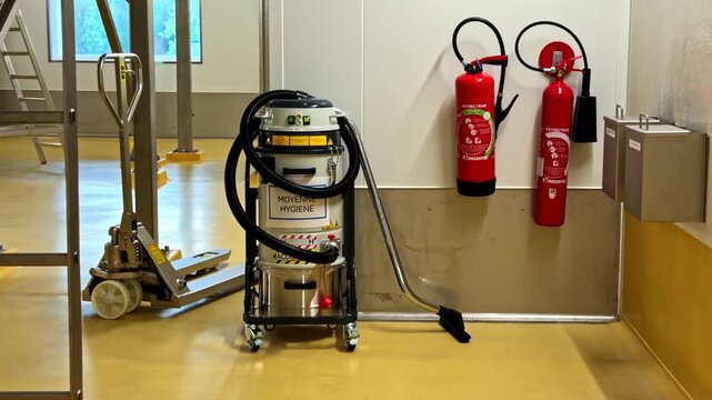 Cleaning equipment and fire extinguishers mounted on wall in an indoor space.