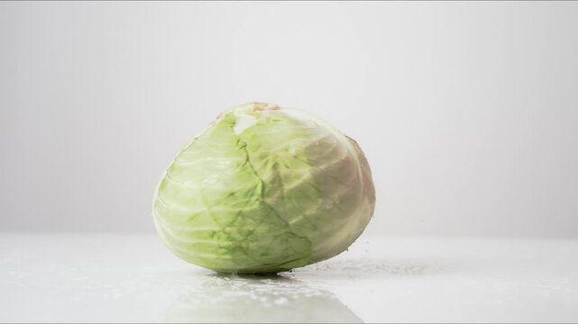 Fresh whole Green Cabbage spinning on a white backdrop in extreme slow motion 800fps high speed.