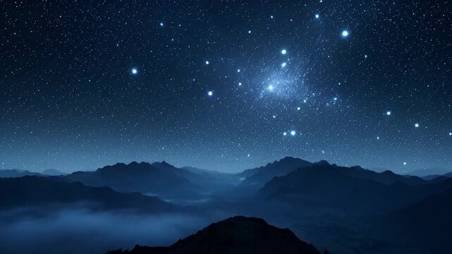 Night sky above mountain range illuminated by stars and celestial bodies