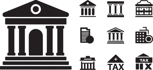 Naklejka premium Government building icons and finance symbols including courthouse tax and office on grid.