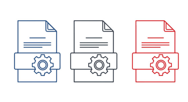 Close-up of three digital document icons with gear symbols representing file settings and management in a modern