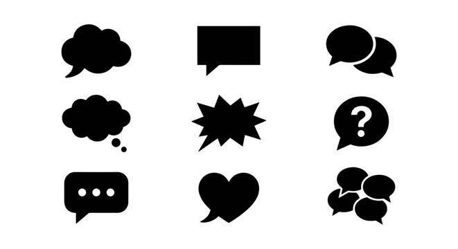 Speech bubble icon set, solid black, white background, vector illustration
