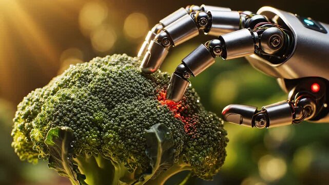 Robotic hand touching broccoli with a small red damaged spot, warm sunlight and bokeh background