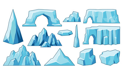 Iceberg and arctic glacier rock cartoon vector illustration set. Ice arch, frozen mountain, icicle, north pole nature landscape and winter game asset. © Creative Studio 