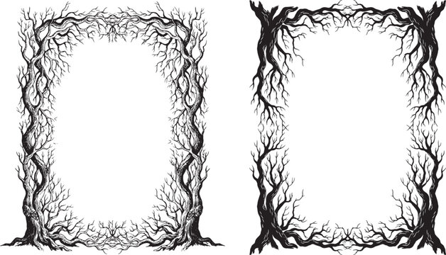 Creepy gnarled tree frames for Halloween decoration or gothic style border with intricate branches.