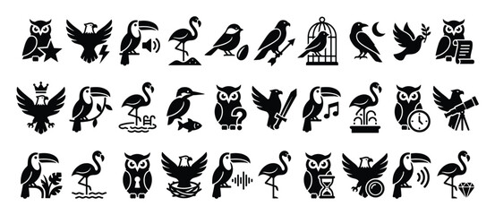 Obraz premium Birds icon set. Various animal symbols. Owl eagle flamingo toucan pictograms. Flat style icon.