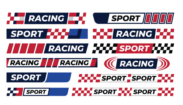 Racing sport banner stripe decal vector illustration set. Chequered flag pattern, speed ribbon, automotive livery graphic, championship badge and motorsport tournament branding element.