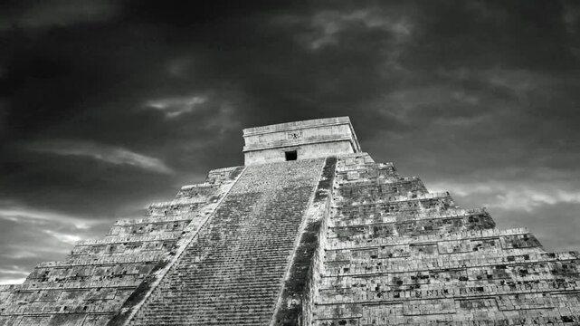 old style black and white movie of  the Mayan Pyramid Chichen Itza, Yucatan, Mexico	