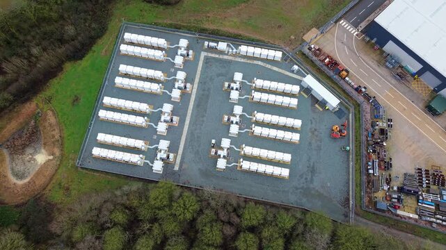 Aerial drone footage of an alternative energy battery backup installation at a regional power substation UK