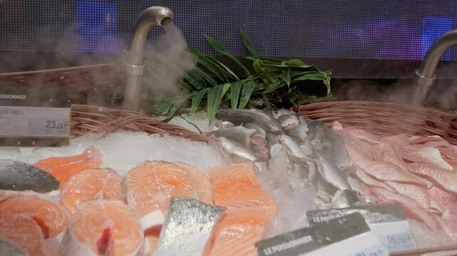 Variety of fresh raw fish, including salmon steaks and other whole fish, displayed on a bed of crushed ice with a misting system keeping the seafood fresh and hydrated in a market