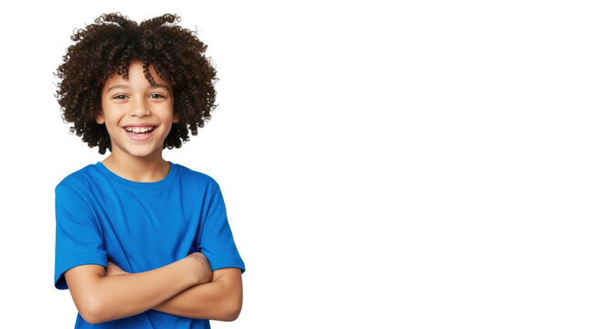 an 11-year-old caucasian boy with tightly coiled dark curly hair and a wide, genuine smile stands confidently, arms crossed, in a high-key studio with vast copy space, concept of youthful confidence