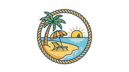 Obraz premium Tropical Beach Island Sunset Scene with Palm Tree and Lounge Chair