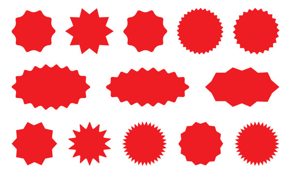Set of red starburst, sunburst badges, Sale sticker, price tag, starburst icon set , Circle sticker set. Wavy edge promo red badges. Star burst shape tags for price. Red sale tag. red starburst icon. 
