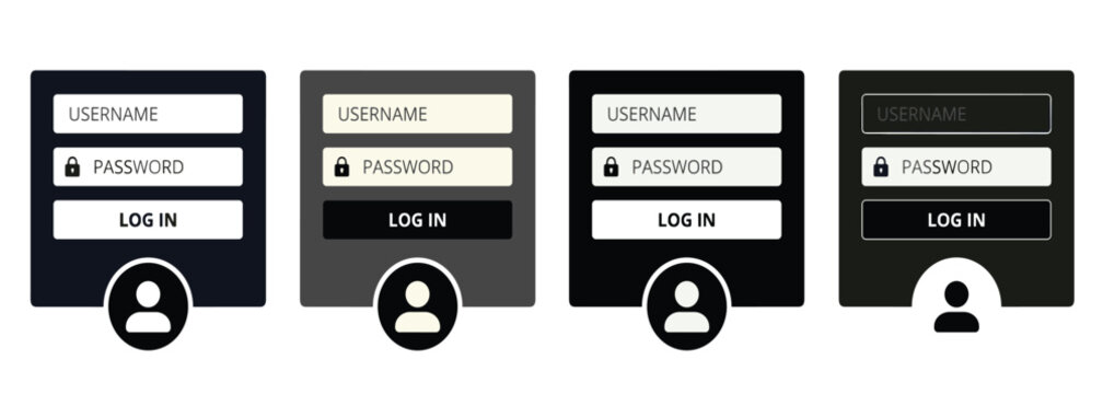 Website login page sign in user interface vector illustration set. Account registration form, security password input field, profile access box and digital wireframe UX asset.