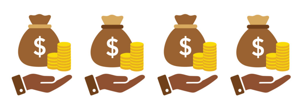 Money bag and coin stack on hand flat icon vector illustration set. Financial investment, wealth growth, banking loan, savings account, microfinance deposit and corporate revenue asset.