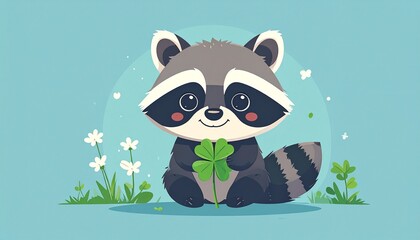 Naklejka premium 四つ葉のクローバーを抱えるアライグマの素材（水色）