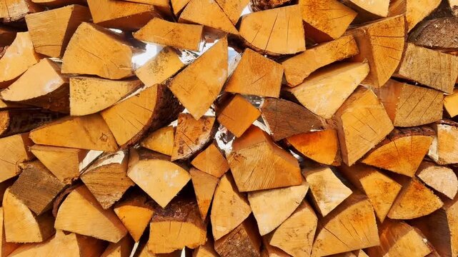 Top-down view of neatly stacked split firewood, showing golden cut log ends, bark edges, wood grain, and a rustic heating supply pattern.