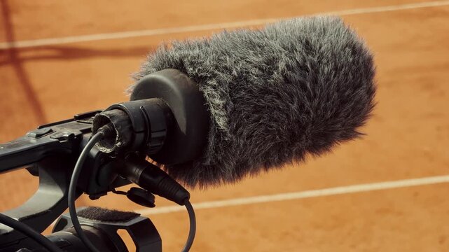 Close-up of a professional video camera with furry shotgun microphone filming beside an indoor sports court, with athlete legs and broadcast production gear.