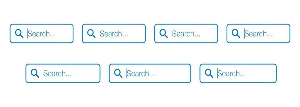 Web search bar field and magnifying glass line icon vector illustration set. Browser navigation box, website input widget, internet data query, interface component and UX design element.
