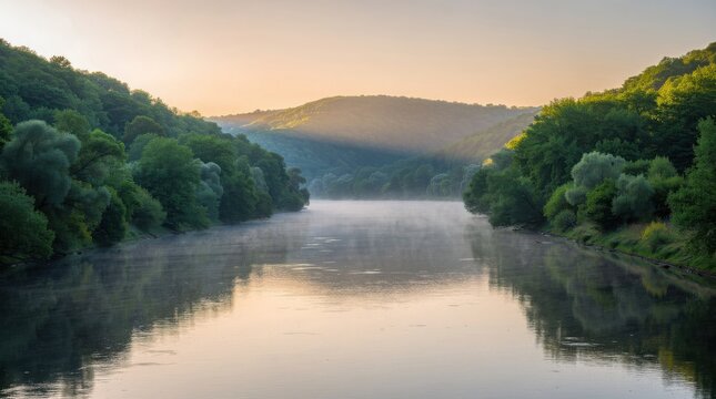 A serene river flows between lush green hills under a soft, golden sunrise with mist rising gently from the water.