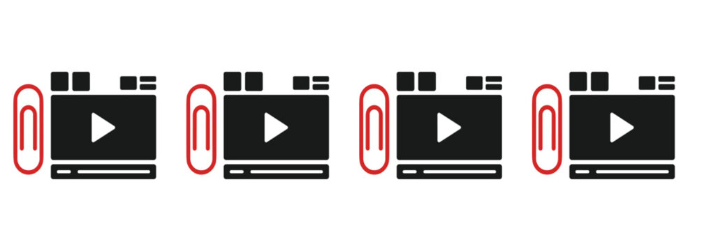 Video player and paperclip media attach line icon vector illustration set. Playlist, movie streaming, document attachment, player window, multimedia interface and web design element.
